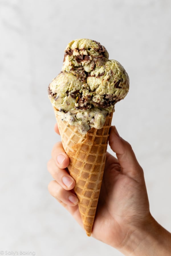 chocolate swirl pistachio ice cream cone.