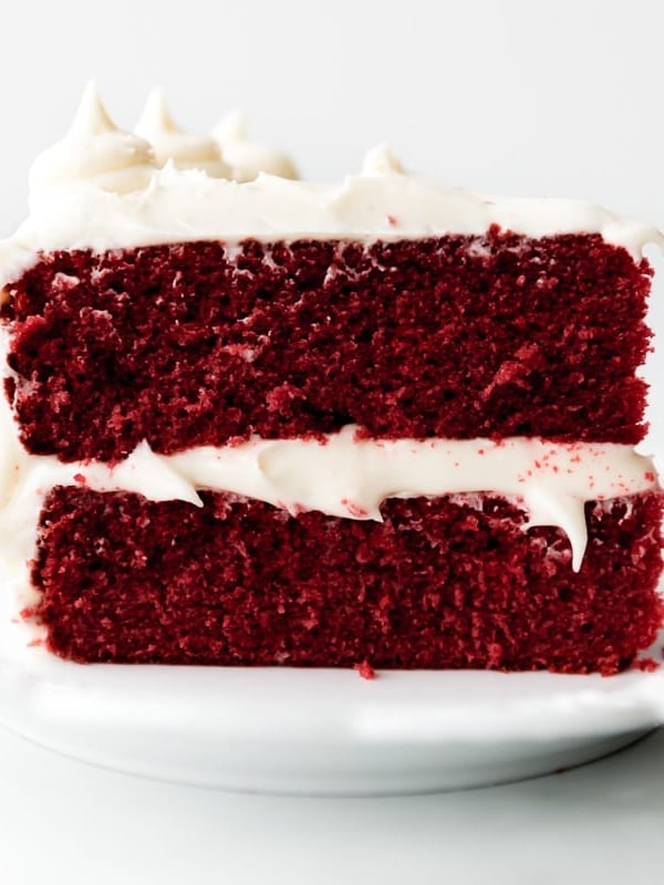 slice of red velvet cake on a white plate